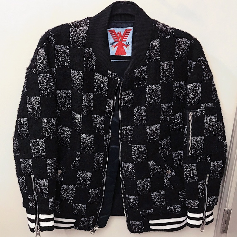 ADAPTATION Damier Checkered Tweed Boucle Nylon Reversible Bomber Jacket L XL